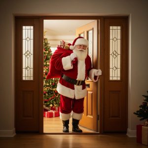 Santa Claus Standing in a homes doorway
