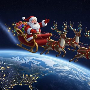 Santa Claus in his sleigh flying above the planet