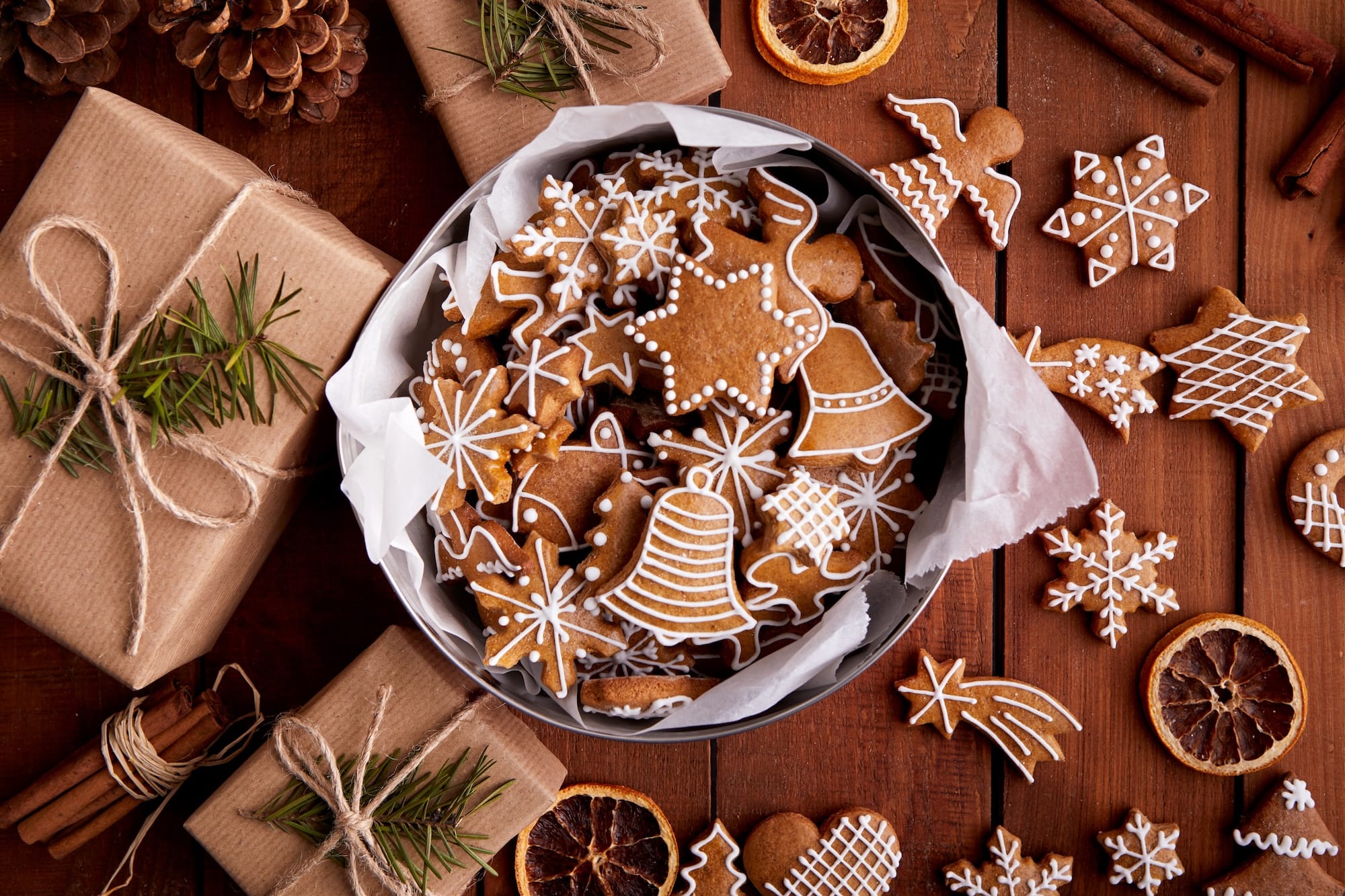 Homemade Christmas cookies in a festive tin