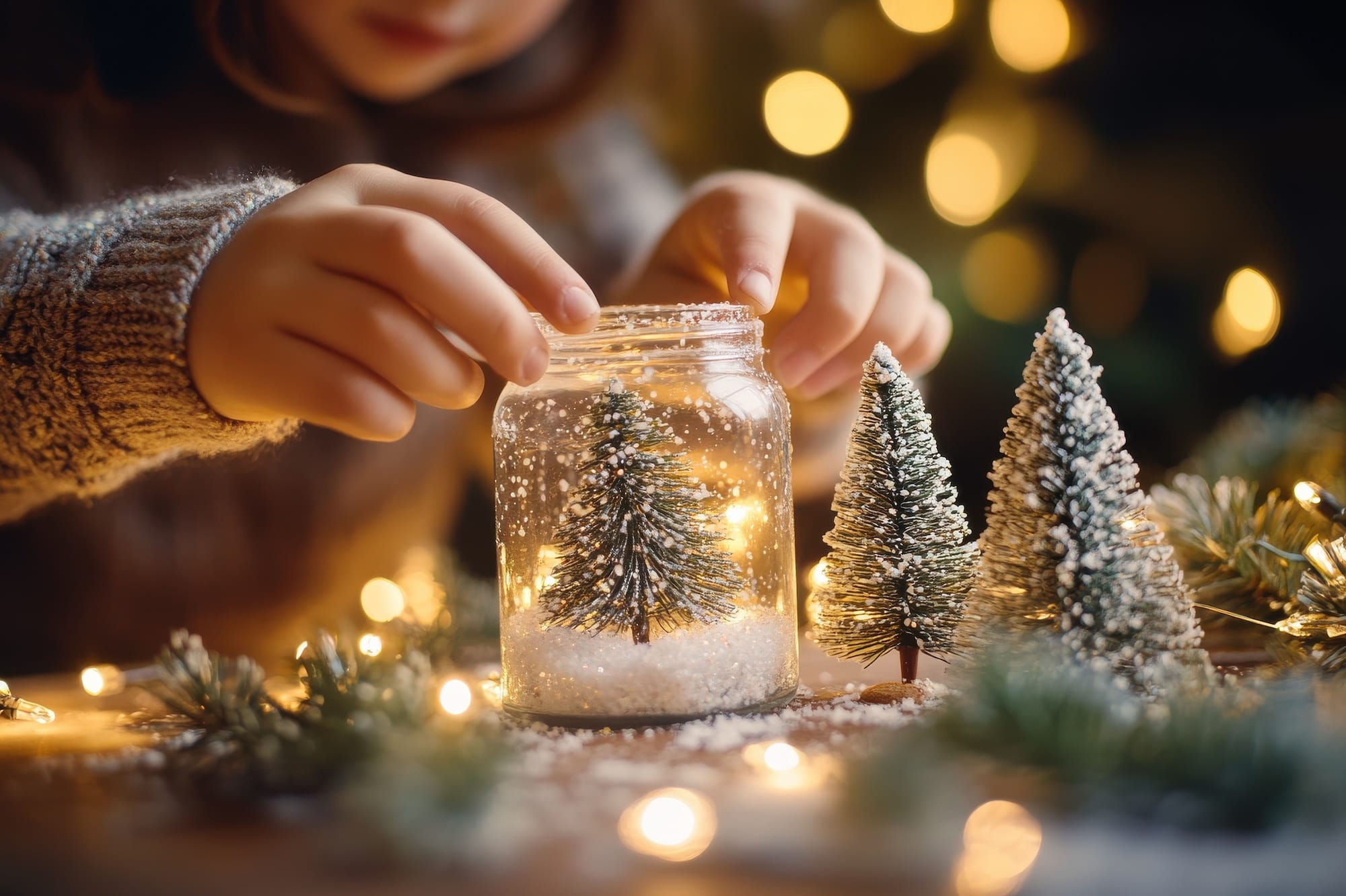 A girl making a homemade snow globe