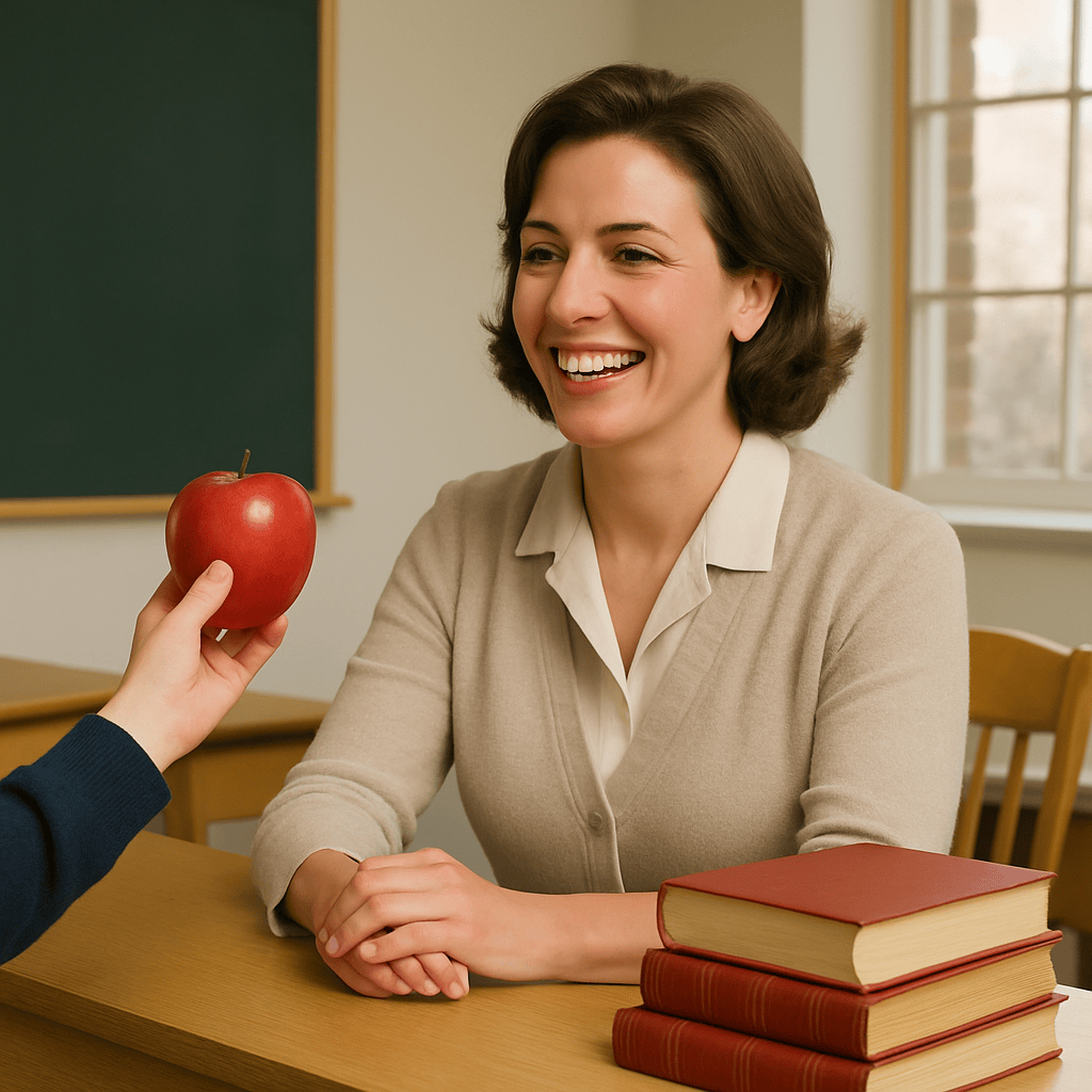 Kid handing his teacher an apple