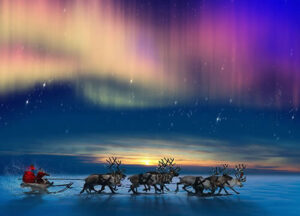 Santa on his sleigh under the northern lights