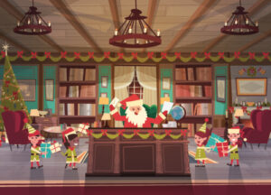 Santa in his office with elves around
